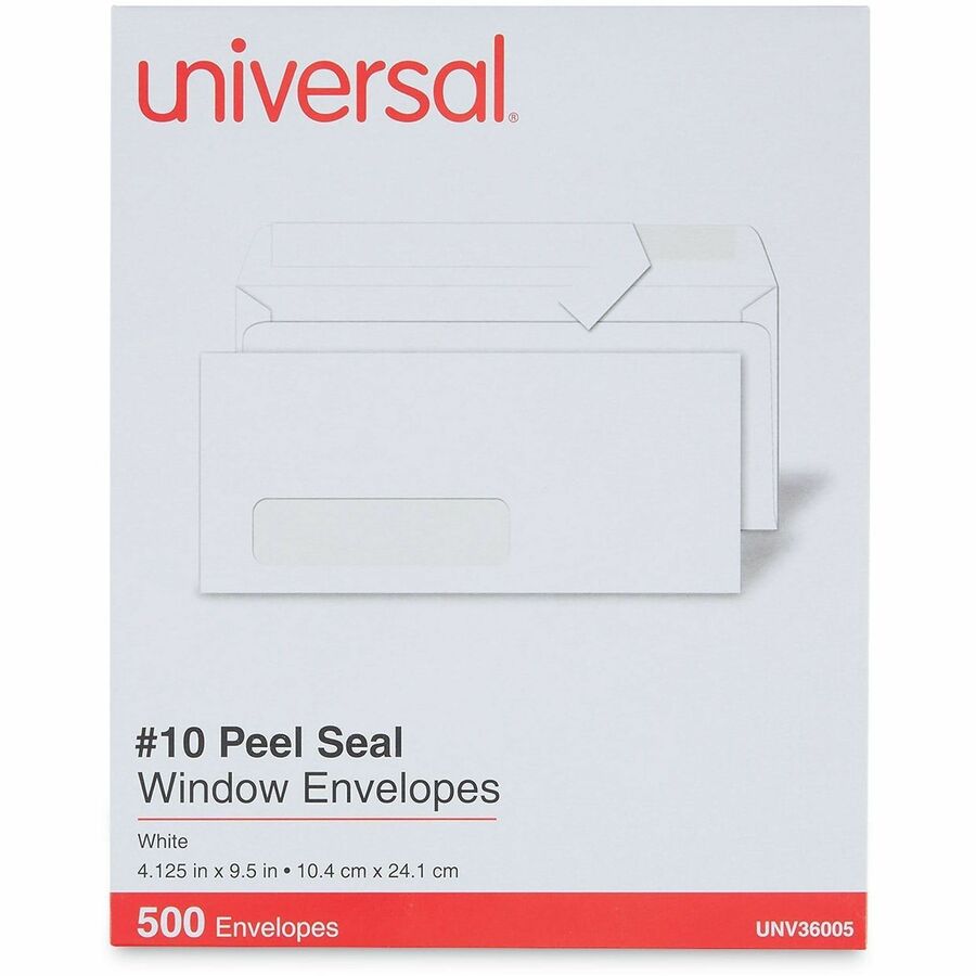 Image of Universal UNV36005 Envelope, Business, #10, 24 lb, Self Adhesive, White, Paper Stock, 500 / Box