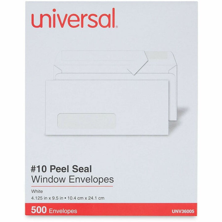 Image of Universal UNV36005 Envelope, Business, #10, 24 lb, Self Adhesive, White, Paper Stock, 500 / Box