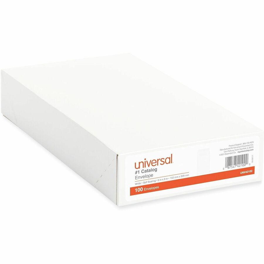 Image of Universal UNV42100 Envelope, Catalog, #1, 6" W x 9" Length, 28 lb, Self Adhesive, White, Paper Stock, 100 / Box