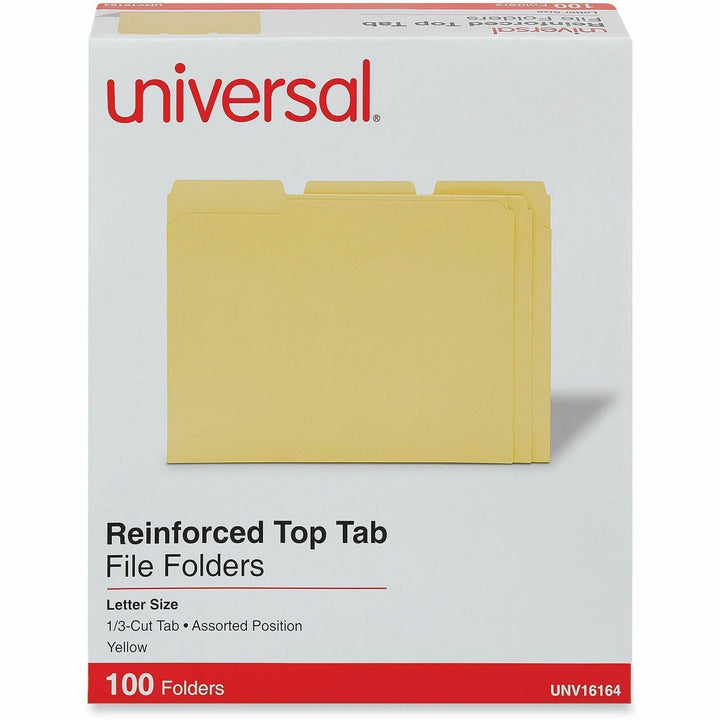 Image of Universal UNV16164 Top Tab File Folder, 8 1/2" x 11", 1" Expansion, Assorted Tab Position, 11 pt., Stock, Yellow, 10% Recycled, 100 / Box