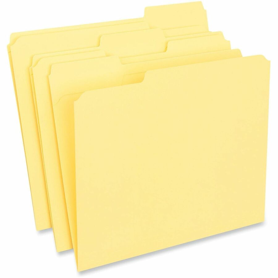 Image of Universal UNV16164 Top Tab File Folder, 8 1/2" x 11", 1" Expansion, Assorted Tab Position, 11 pt., Stock, Yellow, 10% Recycled, 100 / Box