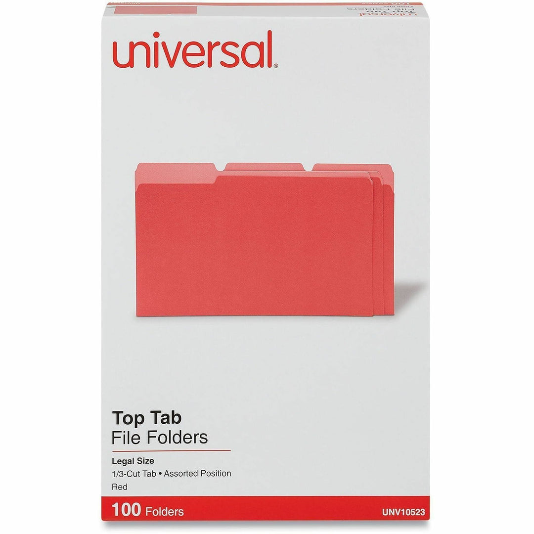 Image of Universal UNV10523 Top Tab File Folder, 8 1/2" x 14", Assorted Tab Position, 11 pt., Stock, Red, 10% Recycled, 100 / Box