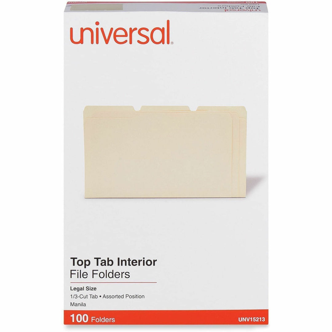 Image of Universal UNV15213 Top Tab File Folder, 8 1/2" x 14", Assorted Tab Position, 9.5 pt., Manila Paper, Brown, 10% Recycled, 100 / Box