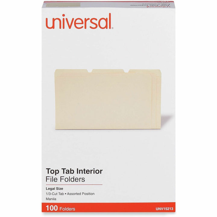 Image of Universal UNV15213 Top Tab File Folder, 8 1/2" x 14", Assorted Tab Position, 9.5 pt., Manila Paper, Brown, 10% Recycled, 100 / Box