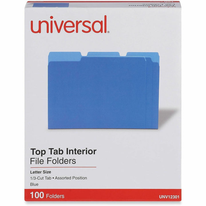 Image of Universal UNV12301 Top Tab File Folder, 8 1/2" x 11", Assorted Tab Position, 11 pt., Stock, Blue, 10% Recycled, 100 / Box