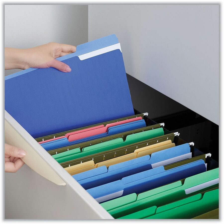 Image of Universal UNV12301 Top Tab File Folder, 8 1/2" x 11", Assorted Tab Position, 11 pt., Stock, Blue, 10% Recycled, 100 / Box