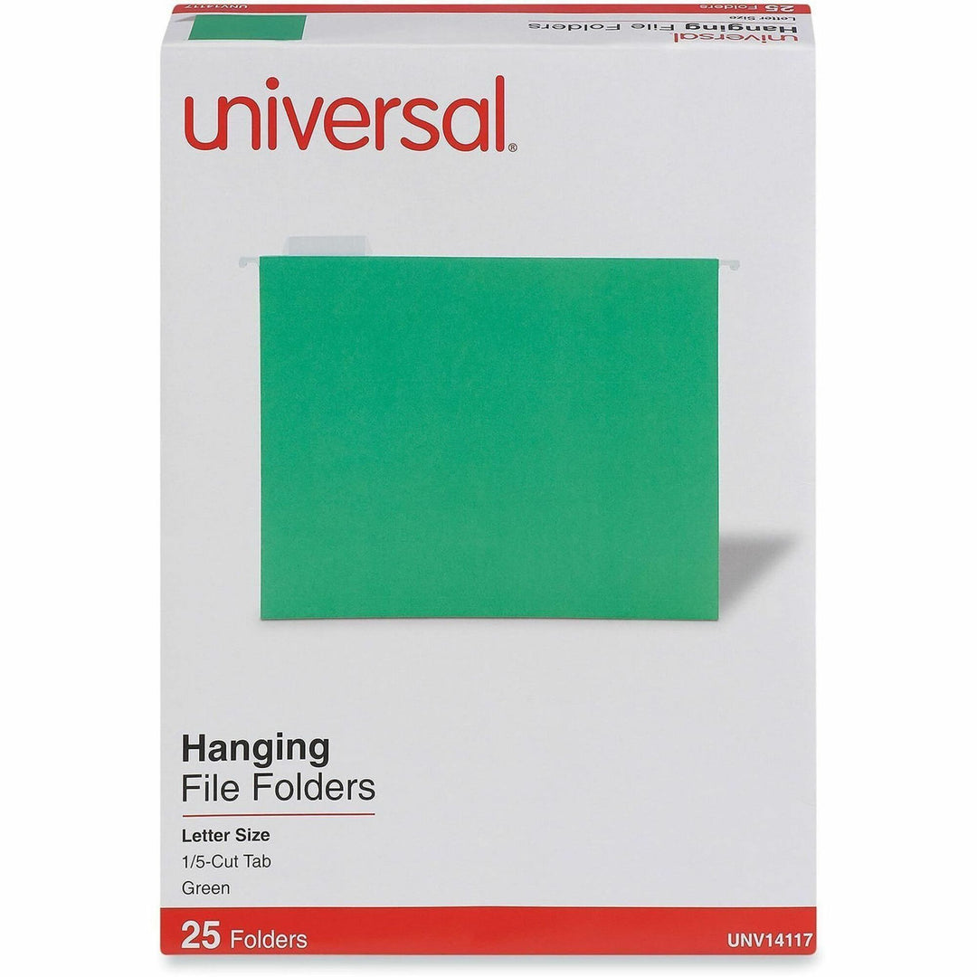 Image of Universal UNV14117EE Hanging Folder, 8 1/2" x 11", Assorted Tab Position, 11 pt., Stock, Bright Green, 10% Recycled, 25 / Box