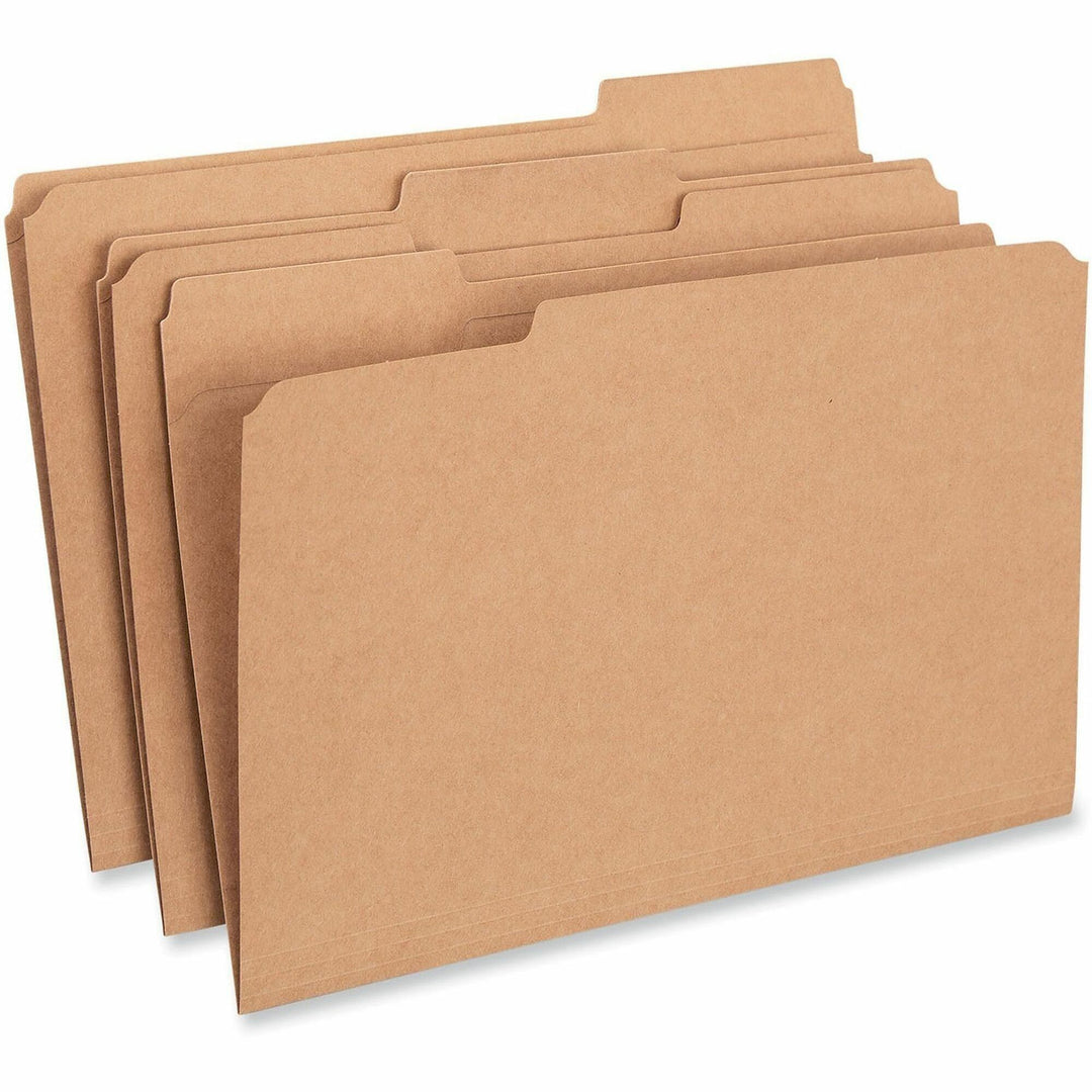 Image of Universal UNV16143EE Top Tab File Folder, 8 1/2" x 14", 3/4" Expansion, Assorted Tab Position, 11 pt., Kraft, Brown, 10% Recycled, 100 / Box