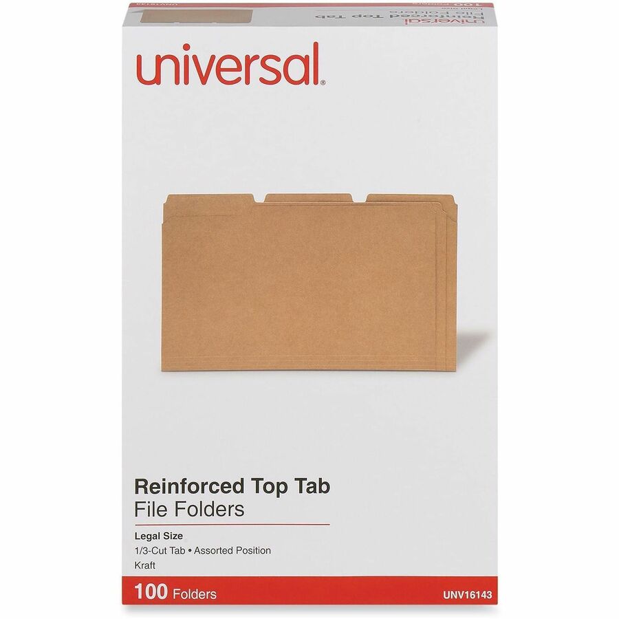 Image of Universal UNV16143EE Top Tab File Folder, 8 1/2" x 14", 3/4" Expansion, Assorted Tab Position, 11 pt., Kraft, Brown, 10% Recycled, 100 / Box