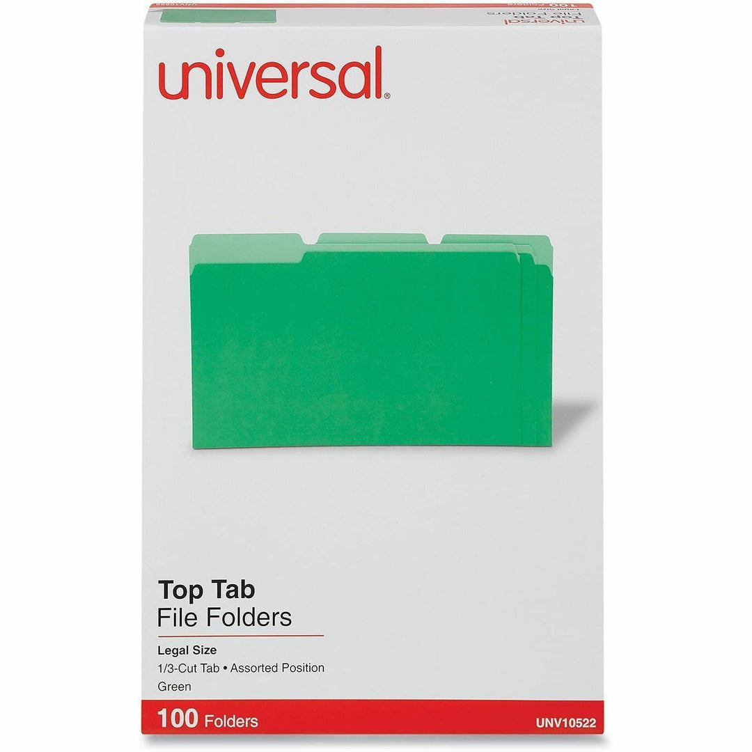 Image of Universal UNV10522 Top Tab File Folder, 8 1/2" x 14", Assorted Tab Position, 11 pt., Stock, Green, 10% Recycled, 100 / Box