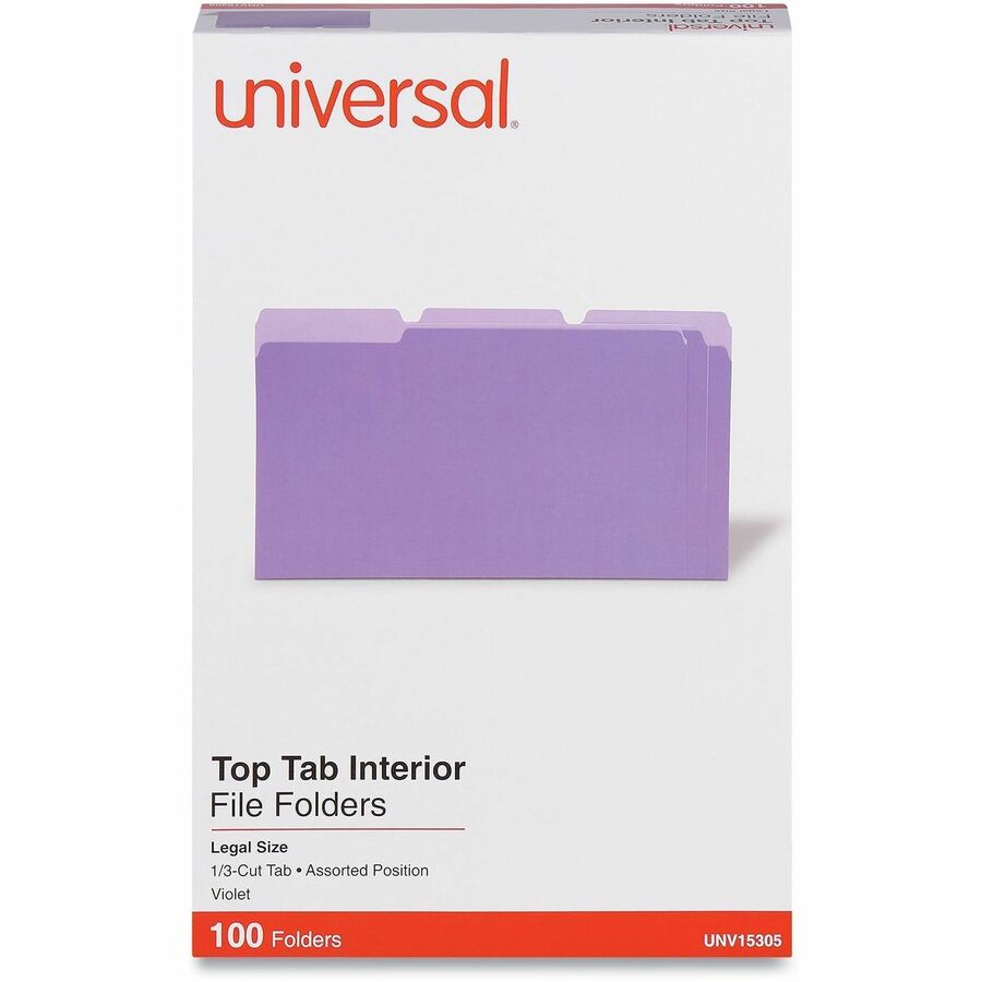 Image of Universal UNV15305 Top Tab File Folder, 8 1/2" x 14", Assorted Tab Position, 11 pt., Stock, Purple, 10% Recycled, 100 / Box