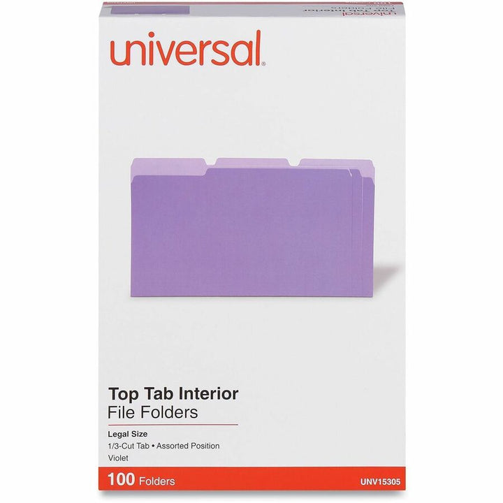 Image of Universal UNV15305 Top Tab File Folder, 8 1/2" x 14", Assorted Tab Position, 11 pt., Stock, Purple, 10% Recycled, 100 / Box