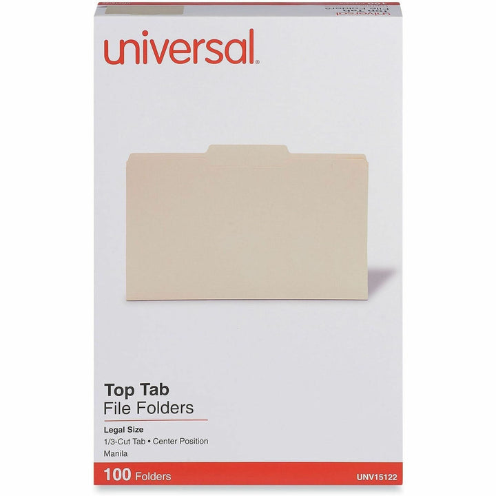 Image of Universal UNV15122 Top Tab File Folder, 8 1/2" x 14", 3/4" Expansion, Center Tab Position, 11 pt., Manila Paper, Brown, 10% Recycled, 100 / Box