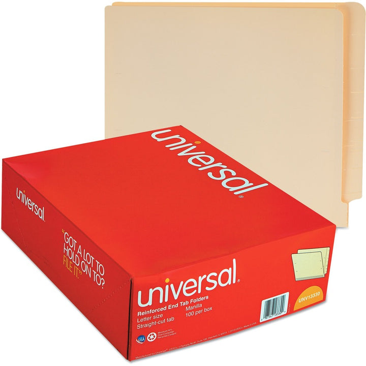 Image of Universal UNV13330 End Tab File Folder, 8 1/2" x 11", 3/4" Expansion, 11 pt., Manila Paper, Brown, 10% Recycled, 100 / Box