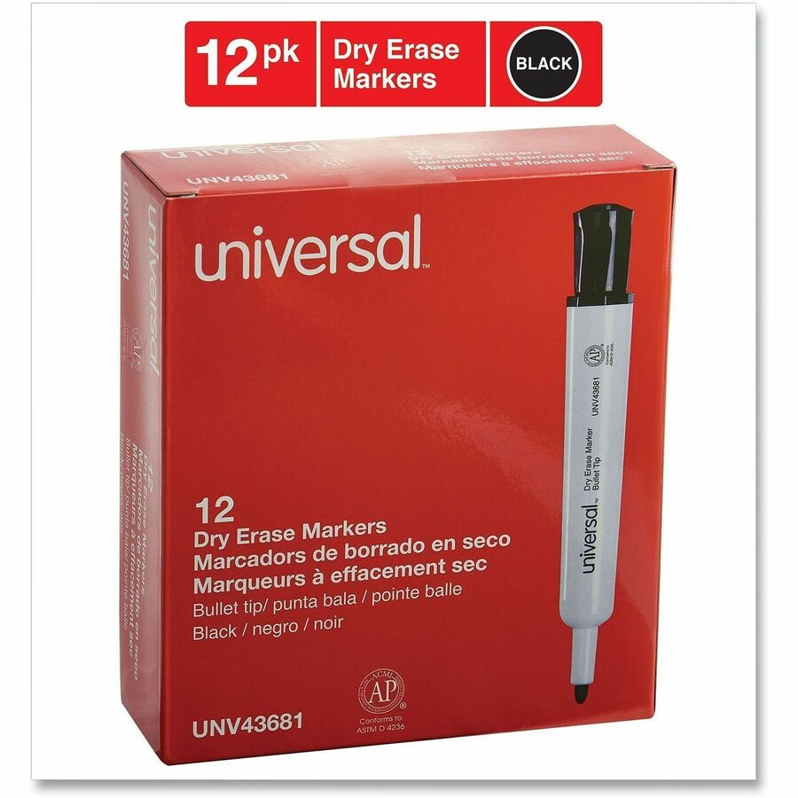 Image of Universal UNV43681 Dry Erase Marker, Medium Bullet Tip, Black, Dozen, Black Ink, Dry, General Purpose, 12 / Dozen