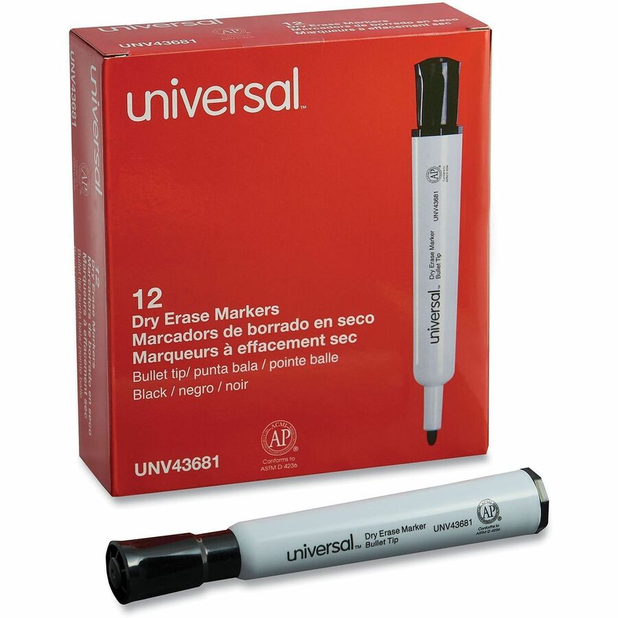 Image of Universal UNV43681 Dry Erase Marker, Medium Bullet Tip, Black, Dozen, Black Ink, Dry, General Purpose, 12 / Dozen