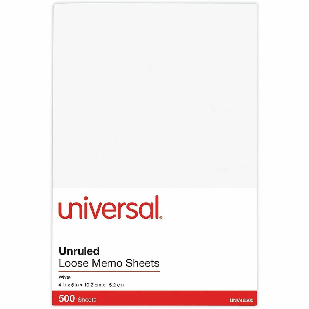 Image of Universal P7-46500 Loose White Memo Sheets, 4 x 6, Unruled, Plain White, 500/Pack, 500 Sheets, Unruled Front Ruling, Plain White Paper, 500 / Pack