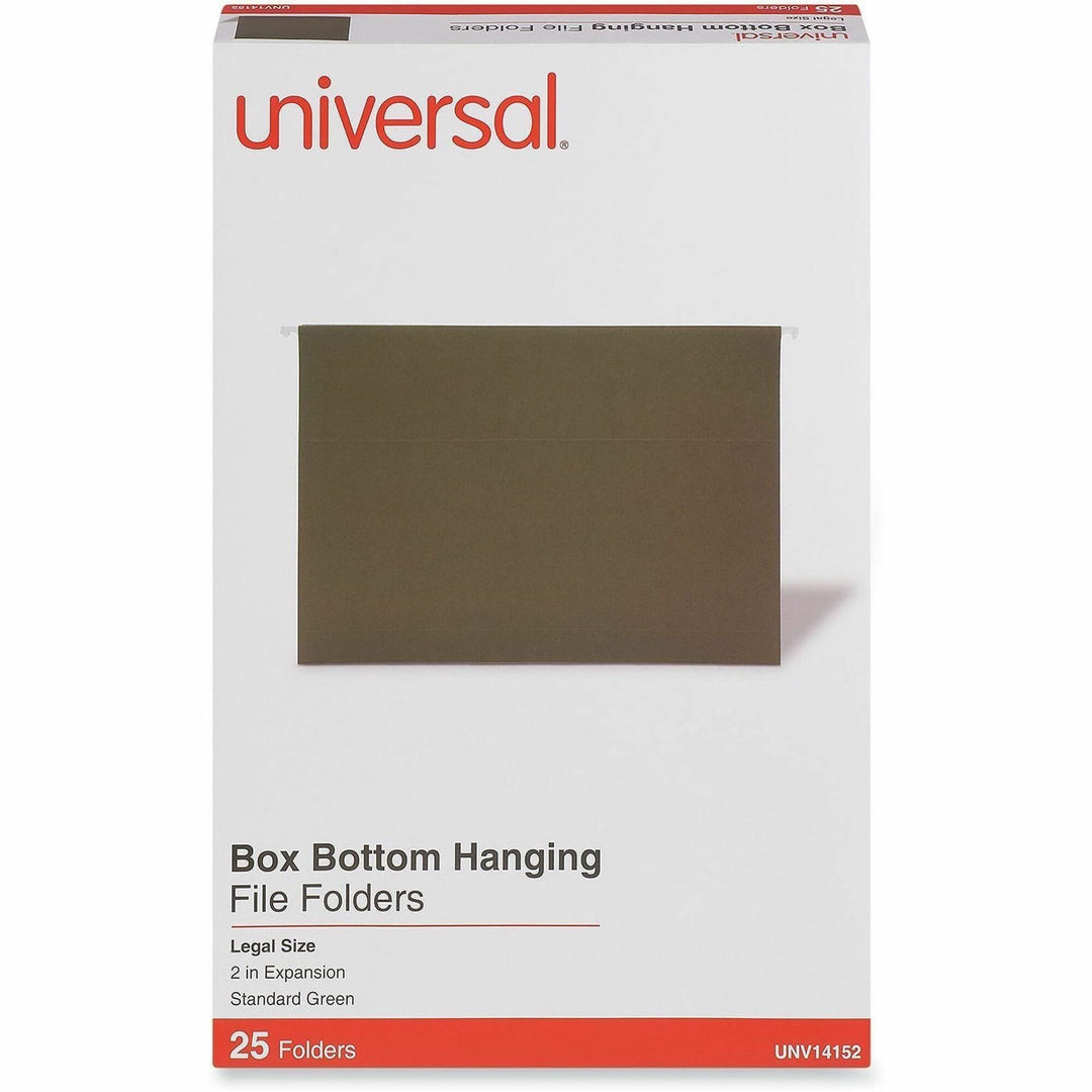 Image of Universal UNV14152 Hanging Folder, 8 1/2" x 14", 2" Expansion, Assorted Tab Position, 11 pt., Stock, Standard Green, 10% Recycled, 25 / Box