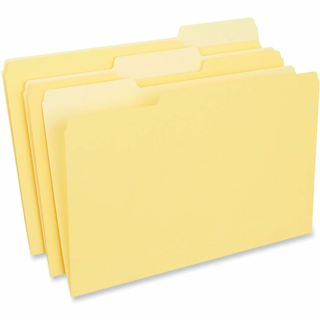 Image of Universal UNV15304 Top Tab File Folder, 8 1/2" x 14", Assorted Tab Position, 11 pt., Stock, Yellow, 10% Recycled, 100 / Box