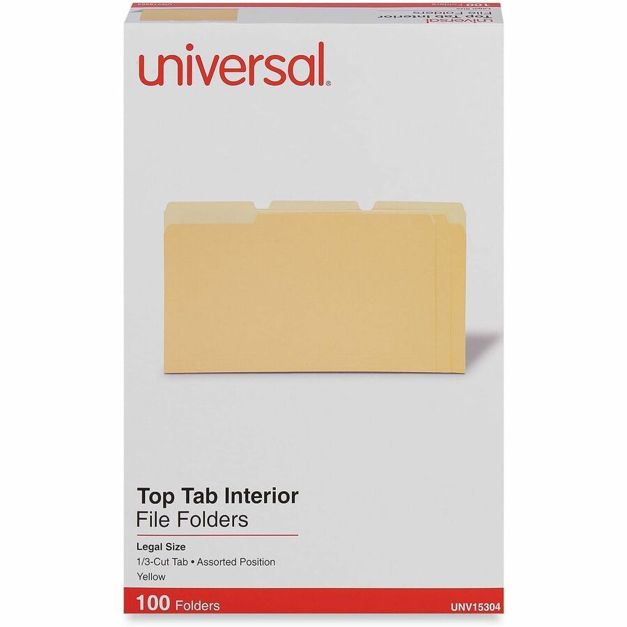 Image of Universal UNV15304 Top Tab File Folder, 8 1/2" x 14", Assorted Tab Position, 11 pt., Stock, Yellow, 10% Recycled, 100 / Box