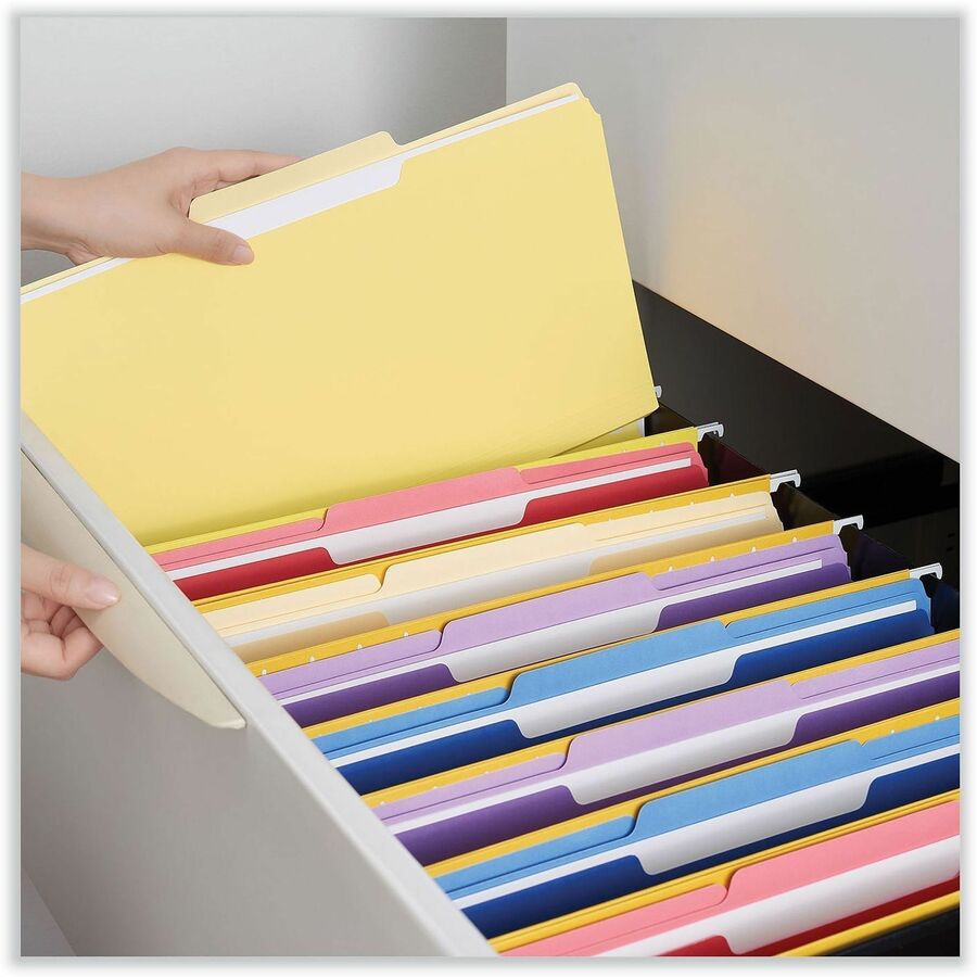 Image of Universal UNV15304 Top Tab File Folder, 8 1/2" x 14", Assorted Tab Position, 11 pt., Stock, Yellow, 10% Recycled, 100 / Box