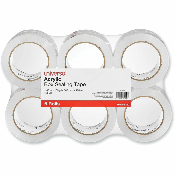 Image of Universal UNV63120 Packaging Tape, 109 yd Length x 1.88" W x 1.7 mil Thickness, 3" Core, Clear, Acrylic, Plastic Backing, 6 / Pack