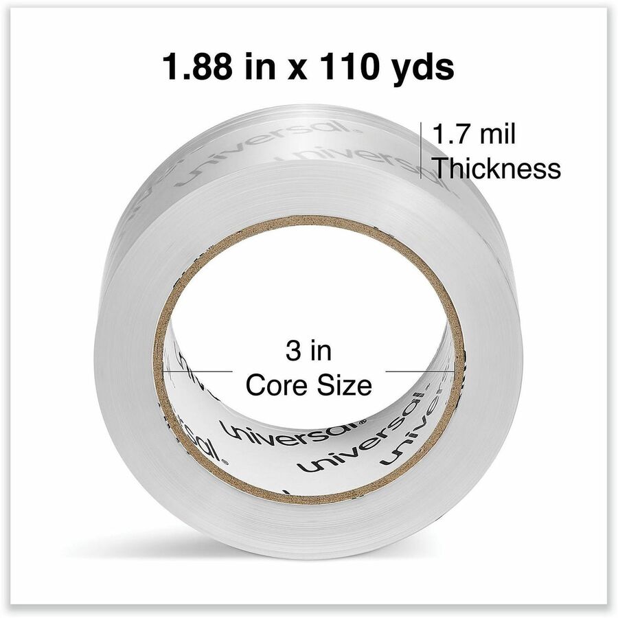 Image of Universal UNV63120 Packaging Tape, 109 yd Length x 1.88" W x 1.7 mil Thickness, 3" Core, Clear, Acrylic, Plastic Backing, 6 / Pack