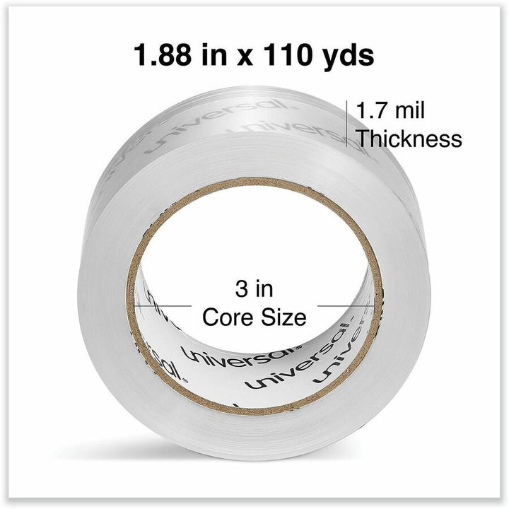 Image of Universal UNV63120 Packaging Tape, 109 yd Length x 1.88" W x 1.7 mil Thickness, 3" Core, Clear, Acrylic, Plastic Backing, 6 / Pack