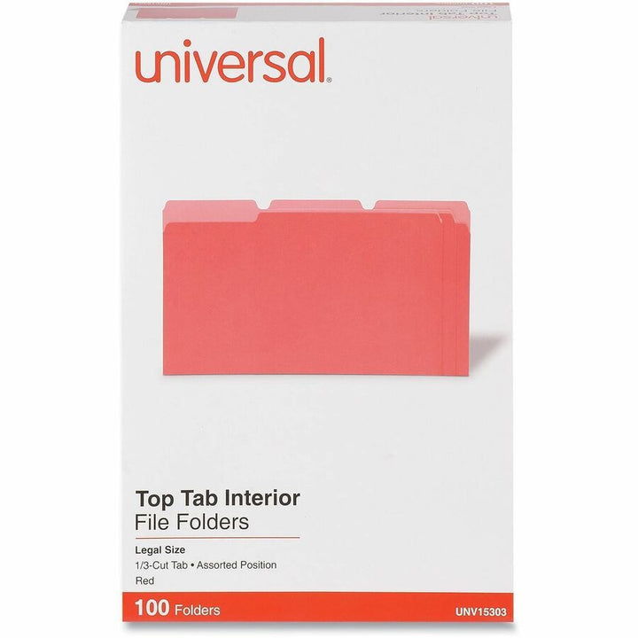 Image of Universal UNV15303 Top Tab File Folder, 8 1/2" x 14", Assorted Tab Position, 11 pt., Stock, Red, 10% Recycled, 100 / Box