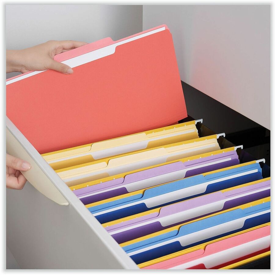 Image of Universal UNV15303 Top Tab File Folder, 8 1/2" x 14", Assorted Tab Position, 11 pt., Stock, Red, 10% Recycled, 100 / Box