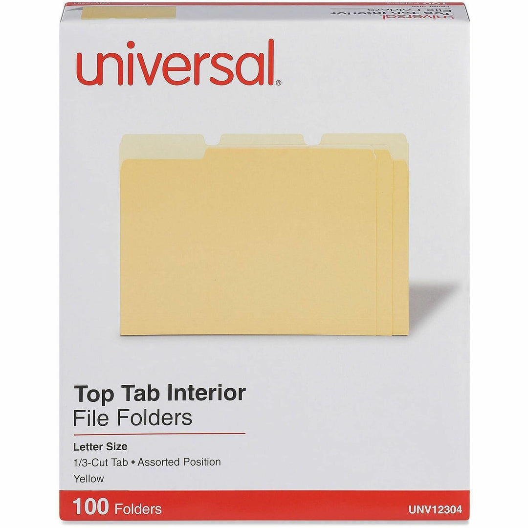 Image of Universal UNV12304 Top Tab File Folder, 8 1/2" x 11", Assorted Tab Position, 11 pt., Stock, Yellow, 100 / Box