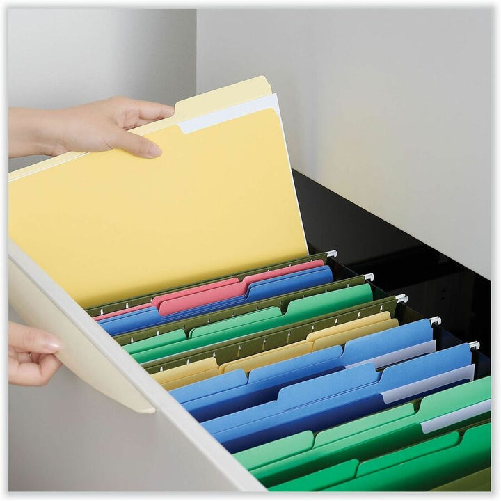 Image of Universal UNV12304 Top Tab File Folder, 8 1/2" x 11", Assorted Tab Position, 11 pt., Stock, Yellow, 100 / Box