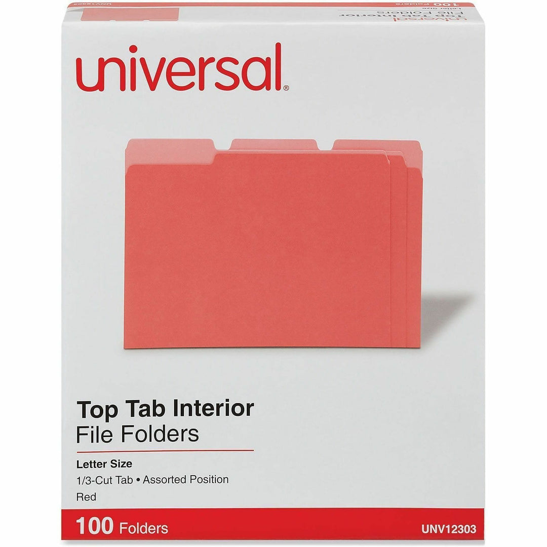 Image of Universal UNV12303 Top Tab File Folder, 8 1/2" x 11", Assorted Tab Position, 11 pt., Stock, Red, 10% Recycled, 100 / Box
