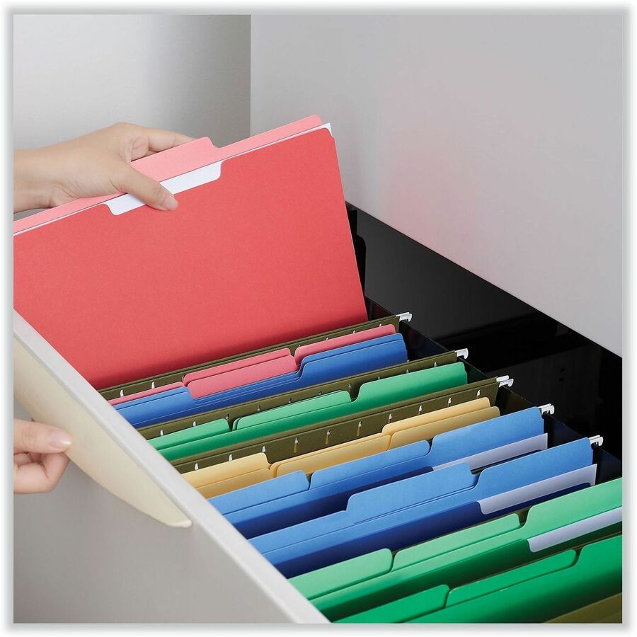 Image of Universal UNV12303 Top Tab File Folder, 8 1/2" x 11", Assorted Tab Position, 11 pt., Stock, Red, 10% Recycled, 100 / Box