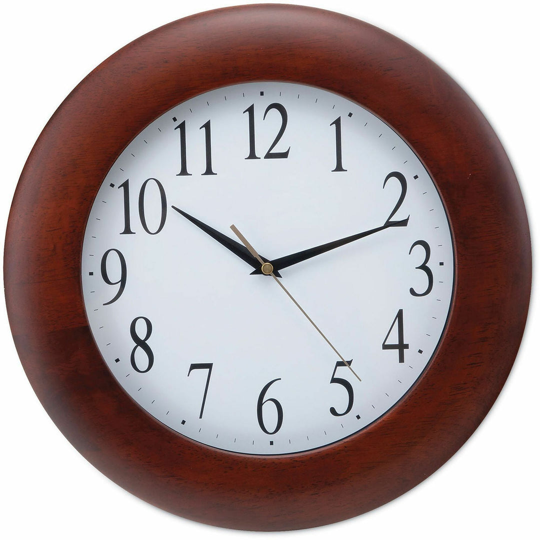 Image of Universal® Round Wood Wall Clock, 12.75" Overall Diameter, Cherry Case, 1 Aa (sold Separately)
