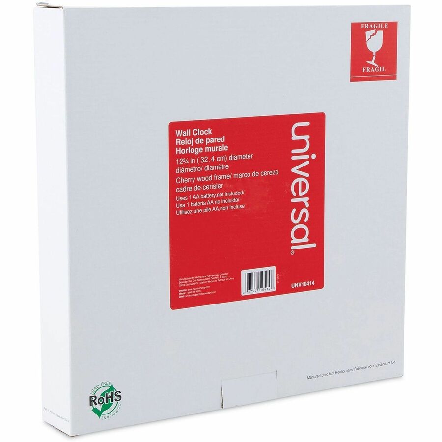 Image of Universal® Round Wood Wall Clock, 12.75" Overall Diameter, Cherry Case, 1 Aa (sold Separately)