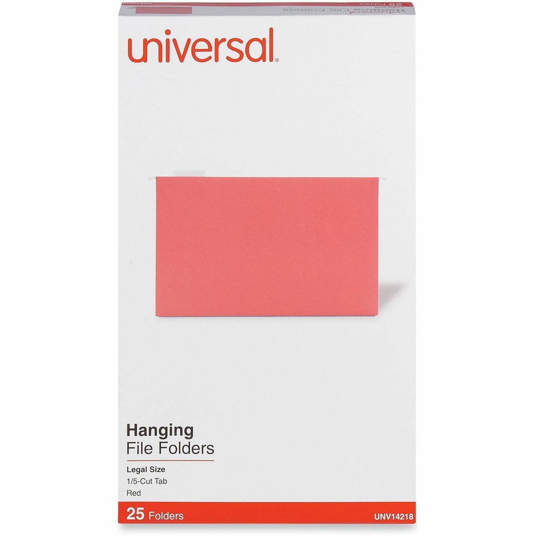 Image of Universal UNV14218 Deluxe Bright Color Hanging File Folders, Legal Size, 1/5-Cut Tabs, Red, 25/Box