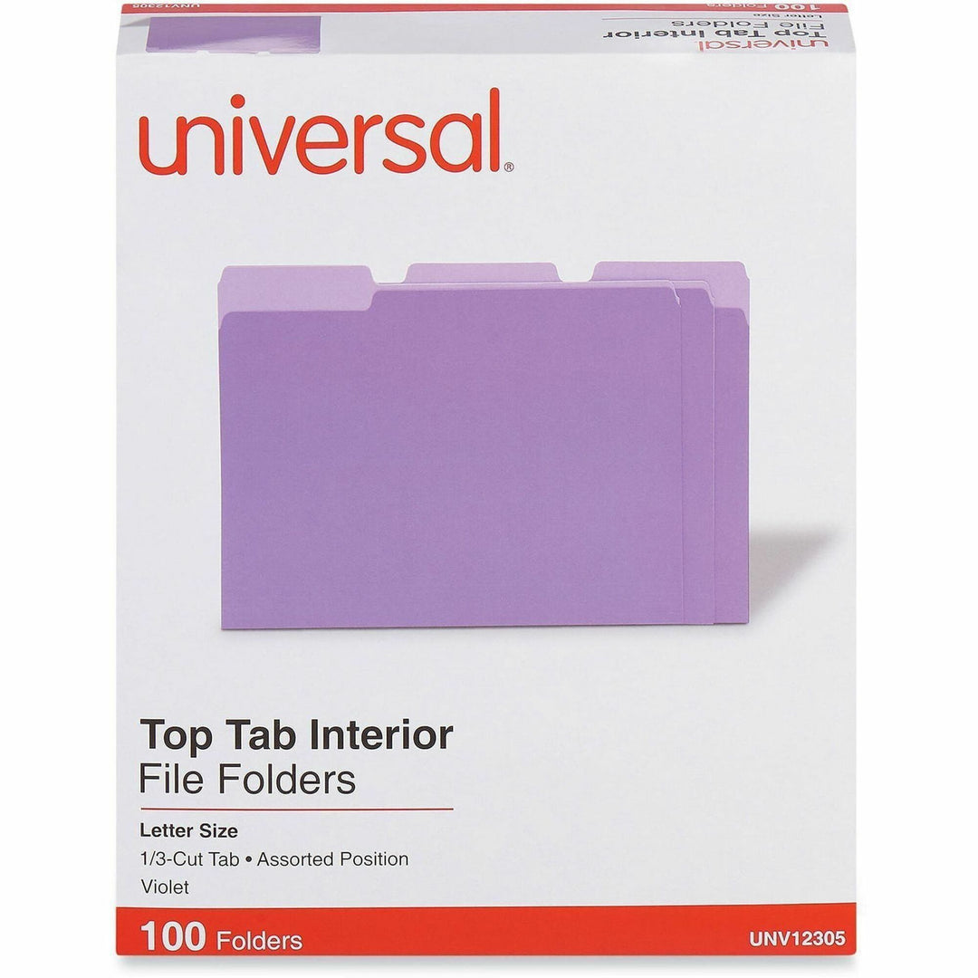 Image of Universal UNV12305 Top Tab File Folder, 8 1/2" x 11", Assorted Tab Position, 11 pt., Stock, Purple, 10% Recycled, 100 / Box