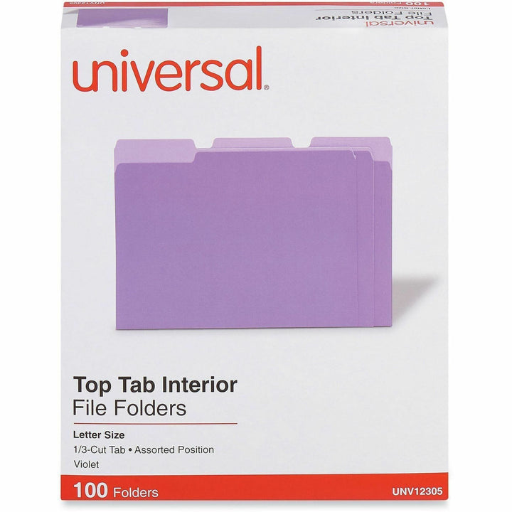 Image of Universal UNV12305 Top Tab File Folder, 8 1/2" x 11", Assorted Tab Position, 11 pt., Stock, Purple, 10% Recycled, 100 / Box