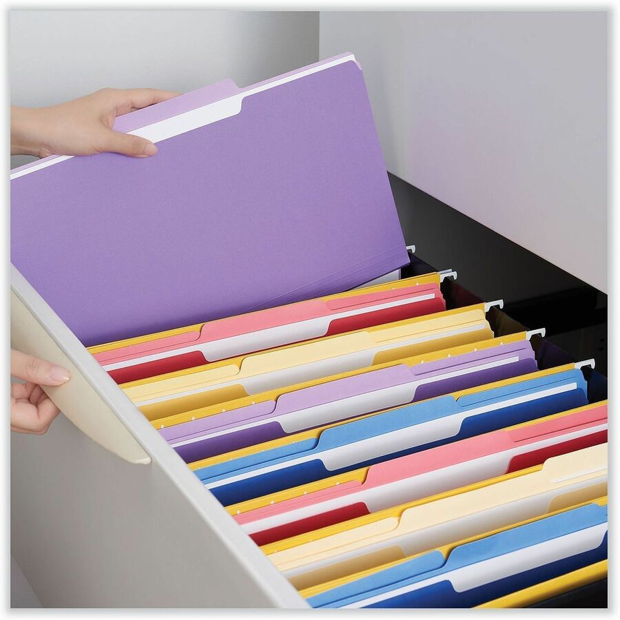 Image of Universal UNV12305 Top Tab File Folder, 8 1/2" x 11", Assorted Tab Position, 11 pt., Stock, Purple, 10% Recycled, 100 / Box
