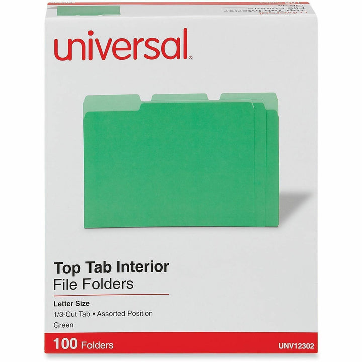 Image of Universal UNV12302 Top Tab File Folder, 8 1/2" x 11", Assorted Tab Position, 11 pt., Stock, Green, 10% Recycled, 100 / Box