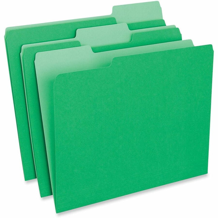 Image of Universal UNV12302 Top Tab File Folder, 8 1/2" x 11", Assorted Tab Position, 11 pt., Stock, Green, 10% Recycled, 100 / Box
