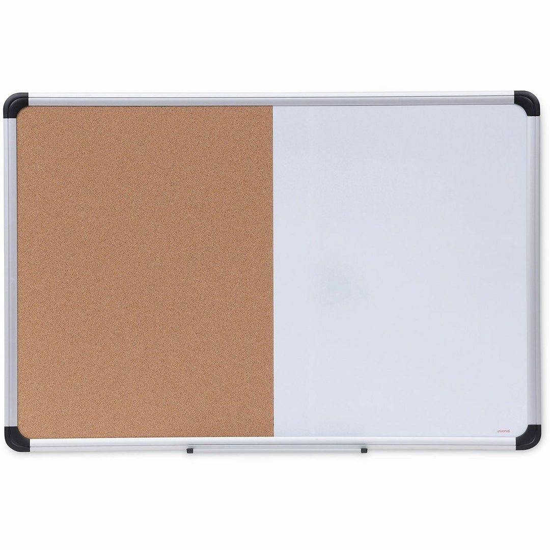Image of Universal® Combination Dry Erase/Bulletin Board, 36" x 24", Tan/White Surface, Black/Satin Aluminum Frame