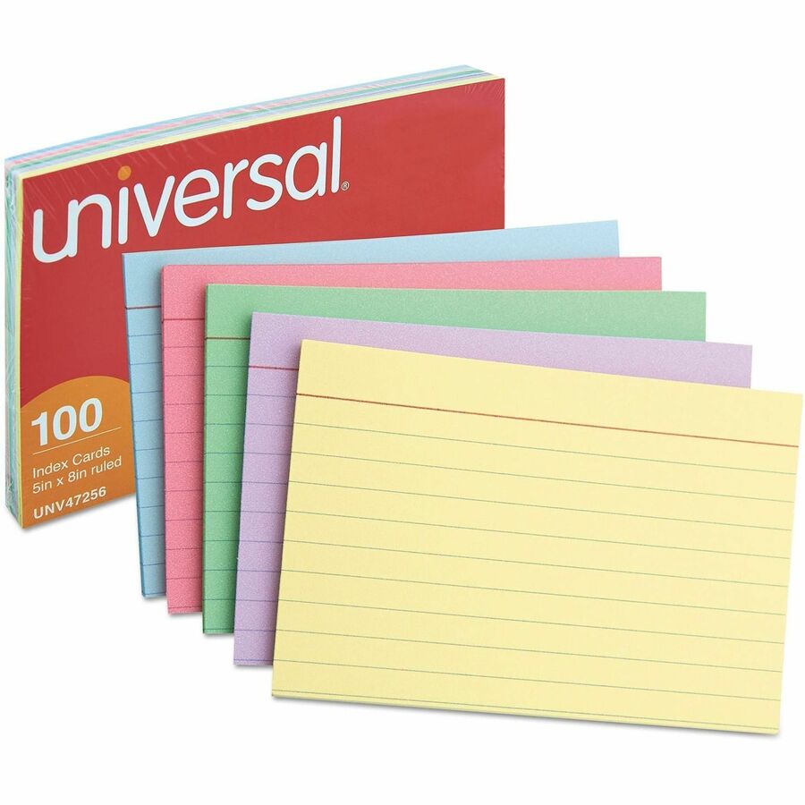 Image of Universal UNV47256 Index Cards, Ruled, 5 x 8, Assorted, 100/Pack, 5" W x 8" Length, 10% Recycled, Ruled, 100 / Pack