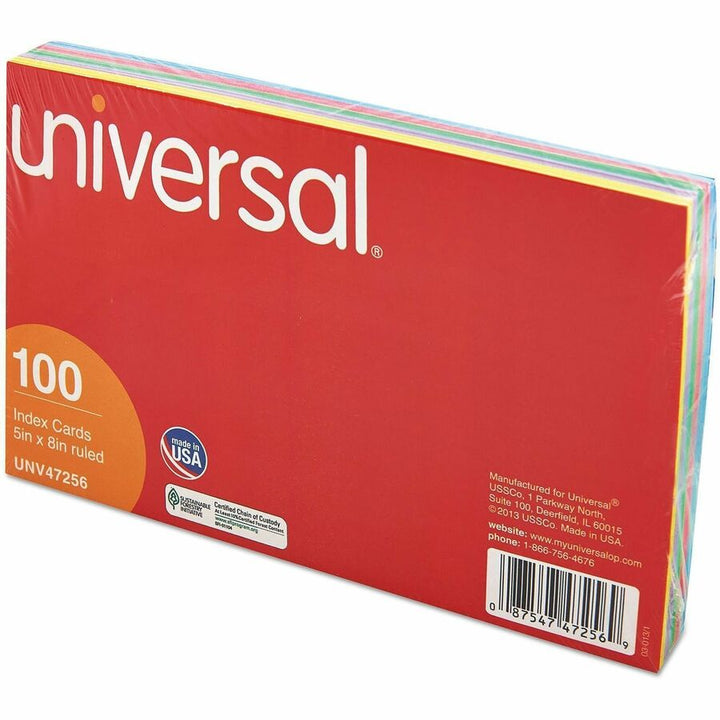 Image of Universal UNV47256 Index Cards, Ruled, 5 x 8, Assorted, 100/Pack, 5" W x 8" Length, 10% Recycled, Ruled, 100 / Pack