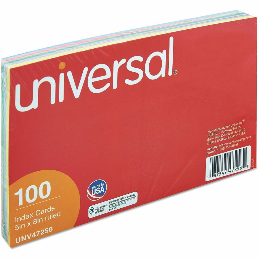 Image of Universal UNV47256 Index Cards, Ruled, 5 x 8, Assorted, 100/Pack, 5" W x 8" Length, 10% Recycled, Ruled, 100 / Pack
