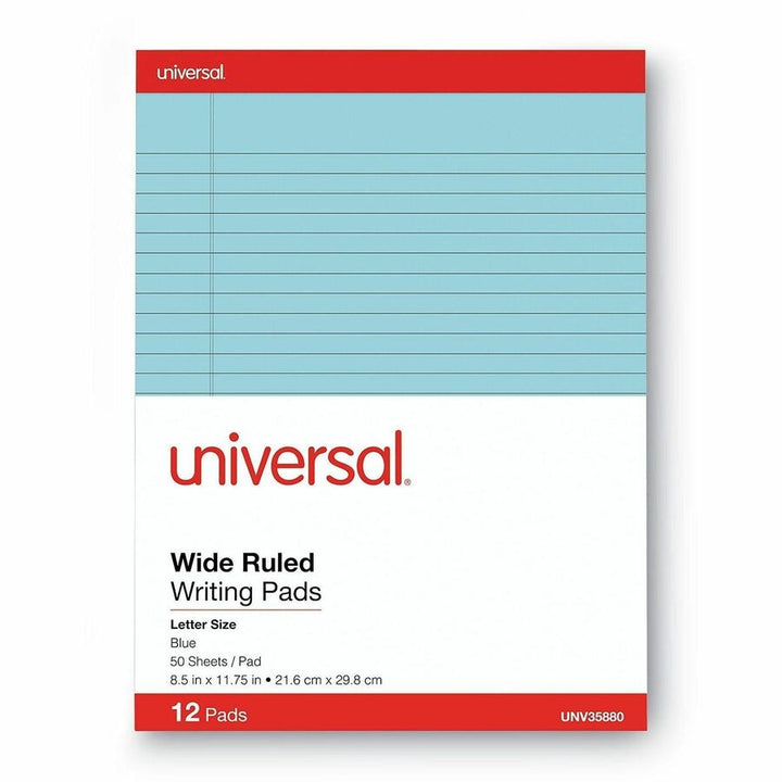 Image of Universal® Colored Perforated Ruled Writing Pads, Wide/legal Rule, 50 Blue 8.5 X 11 Sheets, Dozen