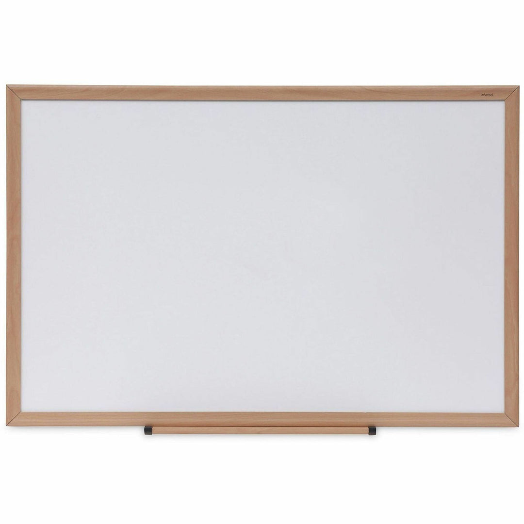Image of Universal® Deluxe Melamine Dry Erase Board, 36" x 24", White Surface, Oak Finished Fiberboard (MDF) Frame