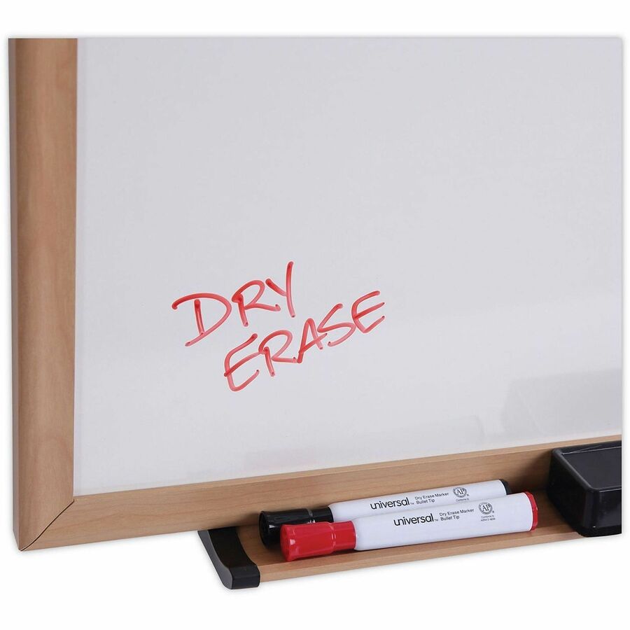 Image of Universal UNV43619 Dry Erase Board, 36" (3 ft) Width x 24" (2 ft) Height, White Melamine Surface, Oak Medium Density Fiber (MDF) Frame, 1 Each