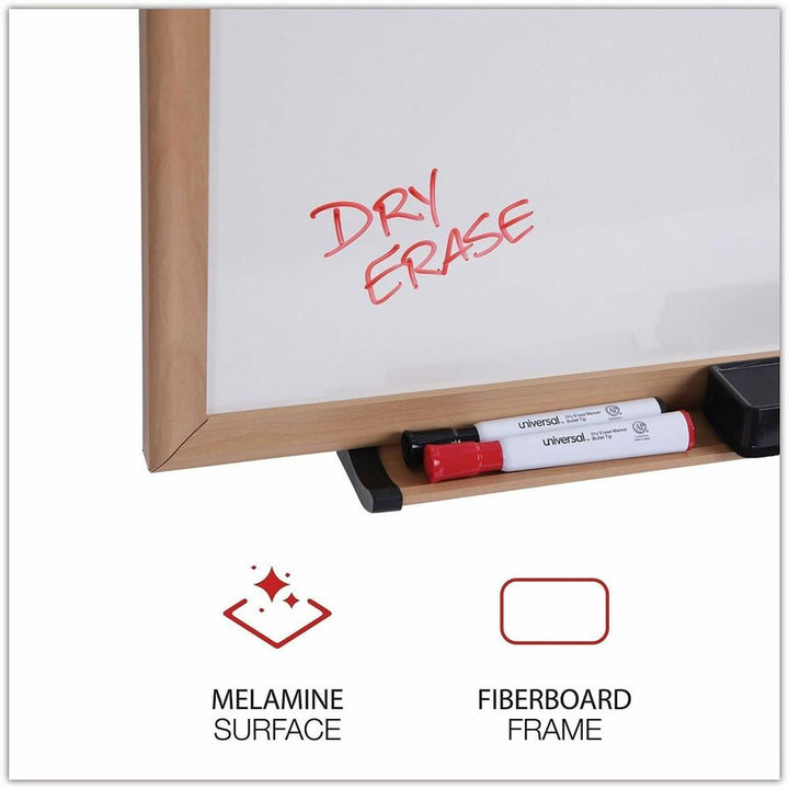 Image of Universal UNV43619 Dry Erase Board, 36" (3 ft) Width x 24" (2 ft) Height, White Melamine Surface, Oak Medium Density Fiber (MDF) Frame, 1 Each